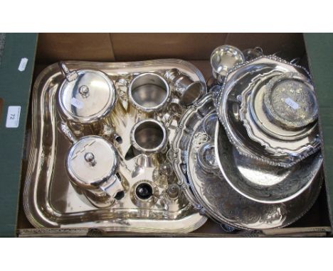 A four piece electroplated tea service and other plated wares