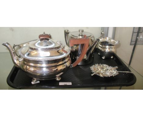 A silver bon bon dish, Sheffield 1902, an electroplated three piece tea service and other plated wares