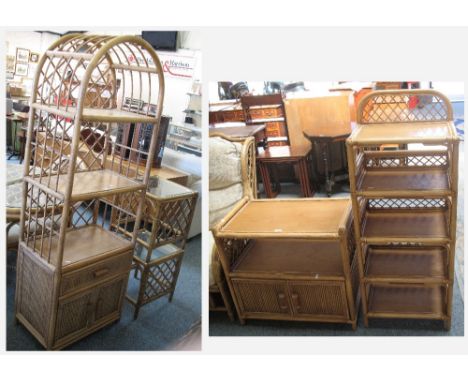 Five pieces of cane conservatory furniture comprising tall arched top shelf unit, 174cm high, pair of square glass topped occ