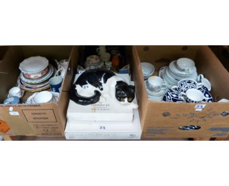 Three boxes of miscellaneous ceramics including Wedgwood Peter Rabbit, a continental tea service, blue and white, other Wedgw