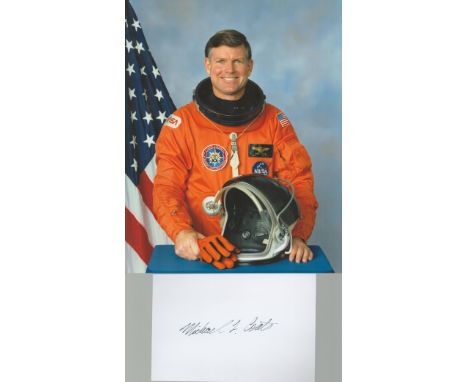 NASA astronaut Michael L. Coats A white card (measuring 6"x4") nicely signed in black pen - who flew on three Space Shuttle m