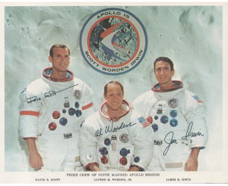 NASA 1972 Apollo 15 auto pen signed 10x8 colour photo includes David R Scott, Alfred M Worden JR and James B Irwin. Good cond