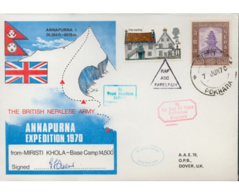 Maj. GERRY OWENS Signed Annapurna Expedition 1970-British Nepalese Army FDC. British and Nepal Stamp with British and Nepales