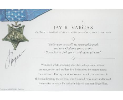 Jay R. Vargas A Medal of Honor commemorative card (measuring 6"x4"), signed in black biro - a recipient of the Medal of Honor