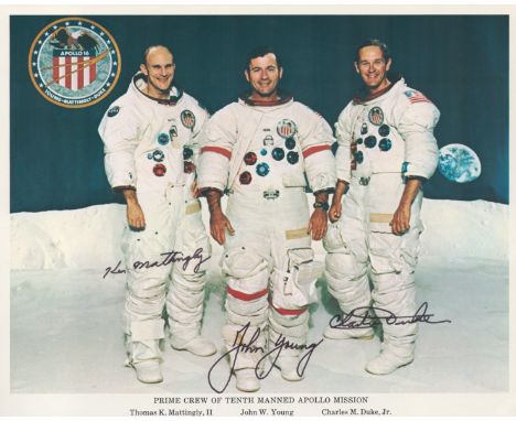 NASA Apollo 16 Prime crew of the tenth manned Apollo mission 10x8 colour photo includes autopen signatures Thomas K. Mattingl
