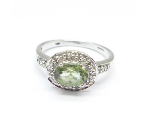 A 9ct white gold, alexandrite and diamond ring, 3g, N