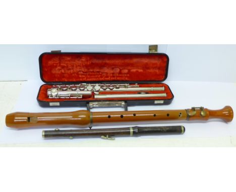 An Evette flute, a piccolo and a tenor recorder