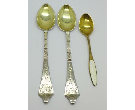 Two Sorrensen silver gilt spoons and one other Danish silver gilt and enamel spoon