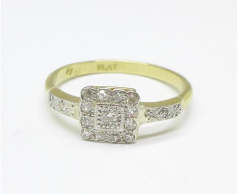 An Art Deco 18ct gold, platinum and diamond cluster ring, 3.3g, Q