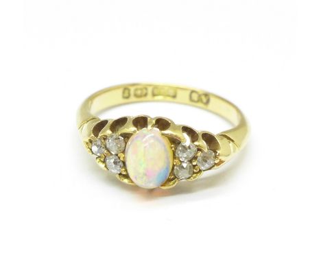 A Victorian 18ct gold, opal and diamond ring, Birmingham 1898, 3.2g, K