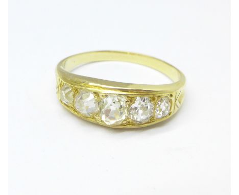 A Victorian five stone diamond ring, over 1.75ct diamond weight, tests as 18ct gold, 3.4g, P