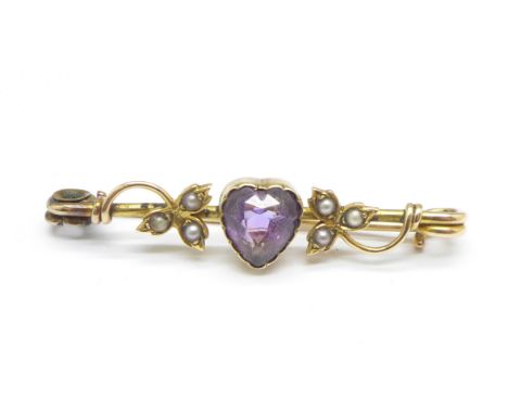 A yellow metal, amethyst and seed pearl heart brooch in original box, 3.4g
