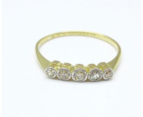 An 18ct gold, platinum and diamond five stone ring, 1.5g, N