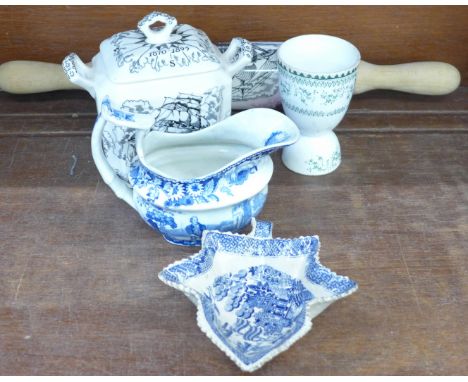 A china pickle dish, double egg cup, lustreware rolling pin, sauce boat and a Mason's caddy