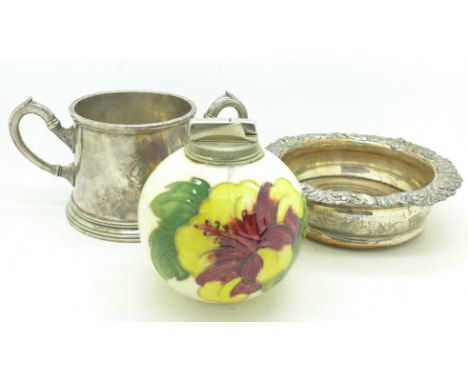A plated coaster, a plated two handled mug and a Moorcroft table lighter, a/f