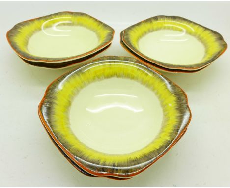 Six Clarice Cliff Bizarre dessert dishes