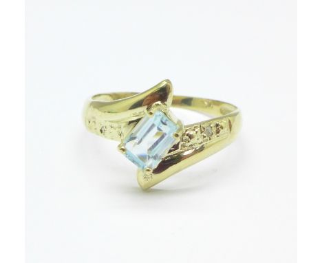 A 9ct gold, aquamarine and diamond ring, 1.3g, O
