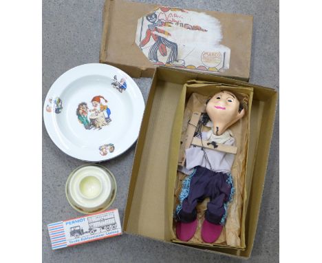 A Marco Marionettes puppet, boxed, a Permot model container lorry, boxed, a child's food warming dish and a Sylvac egg cup