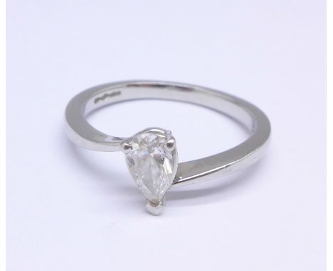 A platinum set pear brilliant cut diamond solitaire ring, 0.4 carat weight, colour E, clarity SI1, with certificate, 4.2g, O