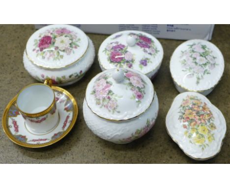 Two Wedgwood Clio trinket pots, a trio, a Limoges coffee can and saucer, a collection of Coalport Garden of the Rose lidded p