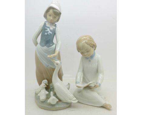 A Lladro figure of a lady with geese and a Nao figure