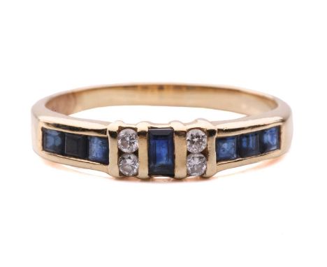 A sapphire and diamond half-hoop ring, segments channel-set with square table-cut sapphires, flanked by diamond accents, to a