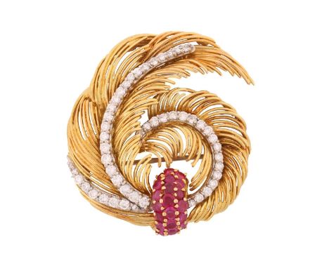 Kutchinsky - a diamond and ruby brooch, modelled as a scrolled feather, accented with a swirl of graduated brilliant-cut diam