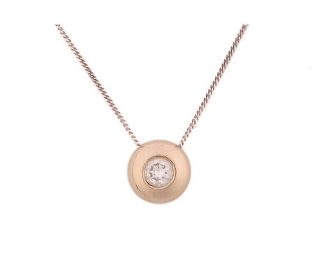 A diamond pendant on curb link chain, the brilliant-cut diamond of 4.0 x 2.6 mm with an estimated weight of 0.23ct, in a rub-