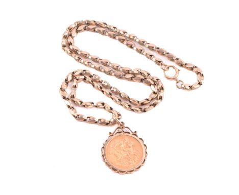 A George V full sovereign pendant on chain; dated 1912, in 9ct gold scalloped mount, to an associated chain, yellow metal tes