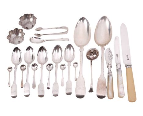 A small collection of silver items including a pair of William Eley tablespoons, a bread knife with a silver blade and ivorin