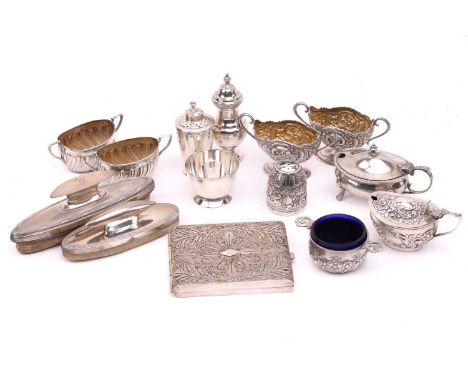 A mixed collection of silver cruets, including a pair of mustard pots by William Hutton and Sons Ltd, London 1896, with twin 