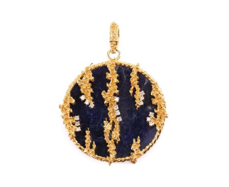 Harris &amp; Maisey - a Modernist sodalite and diamond pendant in 18ct gold, with a circular sodalite plaque mounted in a twi