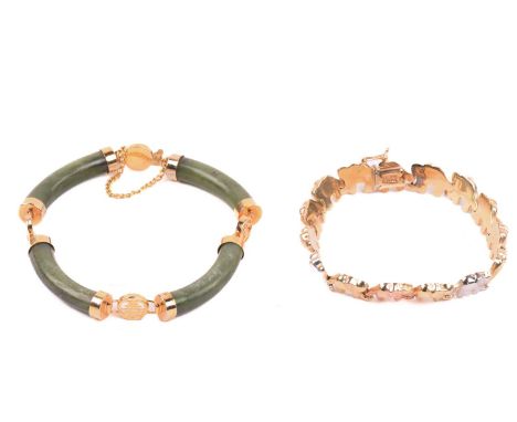 Two bracelets, comprising an Elephant style link in tri-colour metal stamped '585' with a clasp and figure of 8 safety catch 