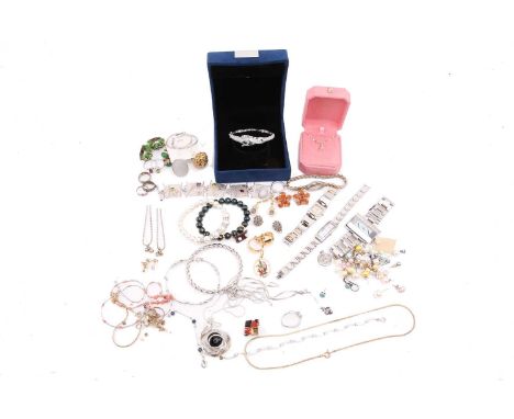 A quantity of costume jewellery, including a gem-set bracelet of abstract design in white metal set with peridot, amethyst, g