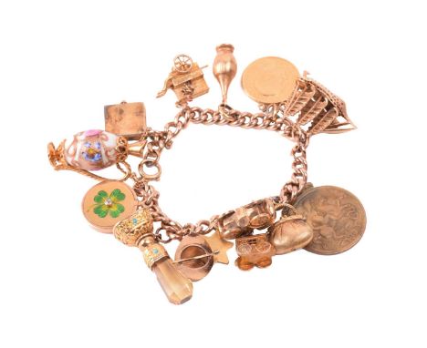 A charm bracelet in 9ct rose gold, consisting of a curb link chain, suspending with a collection of fourteen assorted charms,