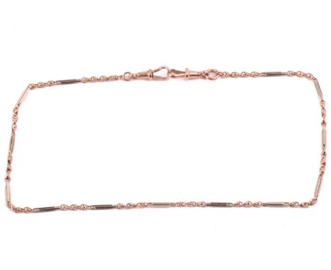 A 9ct bi-coloured gold Albert chain, with fetter links and terminated with swivel clasps, British hallmarked '375', overall l