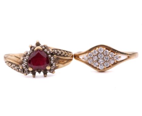 A heart shape synthetic ruby ring with hallmarks for 9ct gold, ring size O 1/2, and a cluster ring set with CZ, with hallmark