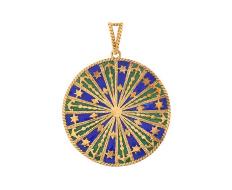 A plique-à-jour enamel Rose Window pendant in 18ct gold, with nautic design motifs, green and blue enamelwork, twisted rope e