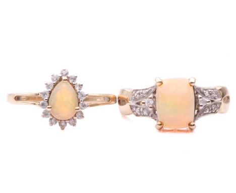 Two 9ct gold dress rings set with precious opal and white sapphire; the first contains a cushion-shaped opal cabochon in a cl