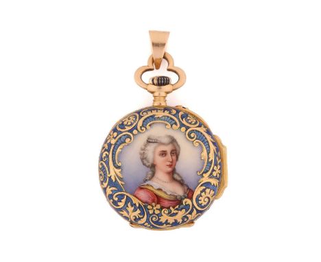 An open-face fob watch with an enamel portrait, featuring a keyless wound movement in a yellow metal case tests as 18ct gold 