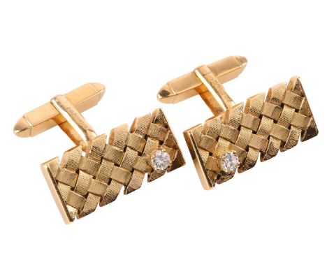 A pair of diamond-set cufflinks in 18ct yellow gold, of woven basketwork design, each consists of a rectangular lattice panel