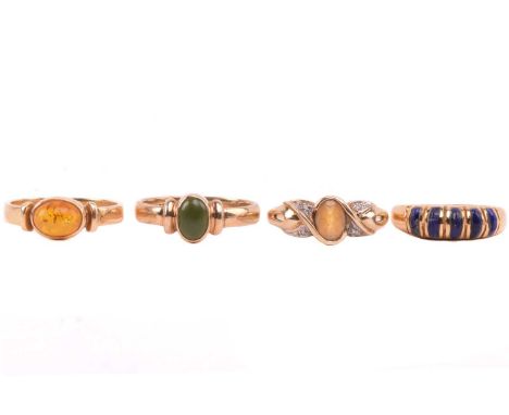 A lapis five stone ring, set with a row of cabochon lapis lazuli, with egyptian hallmarks for 18ct gold, ring size M, a singl