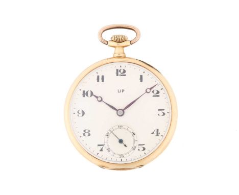 A Lip open-face pocket watch, featuring a keyless wound movement in a yellow metal case stamped with a French eagle indicatin