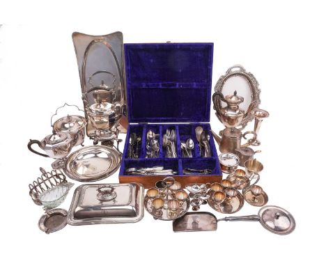 A large collection of Mappin &amp; Webb 'Princess Plate' silver plated ware, to include a spirit kettle on stand, a rectangul