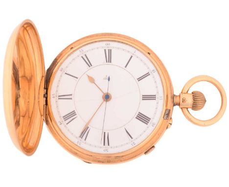 18ct gold full hunter pocket watch, featuring a keyless wound movement with stop function in an 18ct yellow gold case measuri