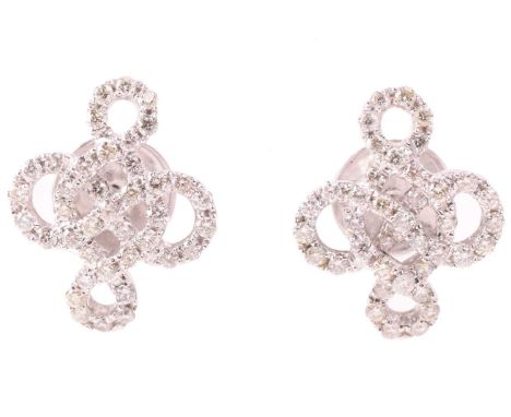 A pair of diamond-set stud earrings of knot design, encrusted with brilliant-cut diamonds throughout, fitted with peg and but