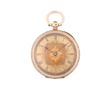 An open-face fob pocket watch, featuring a key wound movement in a yellow metal case stamped 14K and measuring 33.5mm with a 