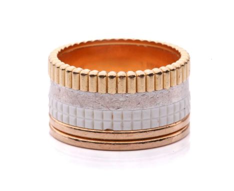 Boucheron - a 'Quatre' white edition large ring in 18ct gold, edged with ribbed yellow gold and threaded pink gold borders, t