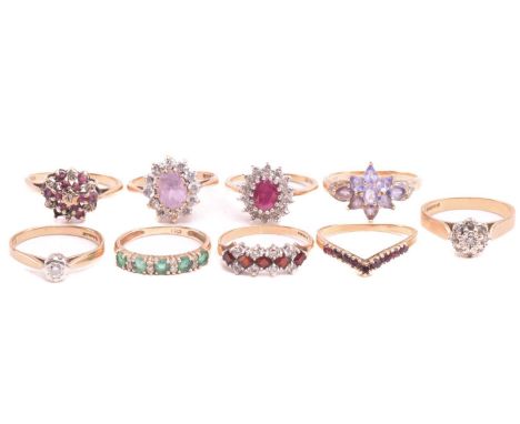 A collection of nine gem-set rings, including a ruby and diamond cluster ring with hallmarks for 9ct gold, ring size M 1/2, a