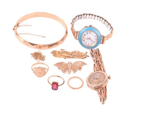 A collection of two fob watches, three rings, two brooches, one chain and a bangle. The first enamel watch is stamped '935' o